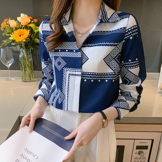 Chic Blue Waves: Women's Long Sleeve Printed Shirt