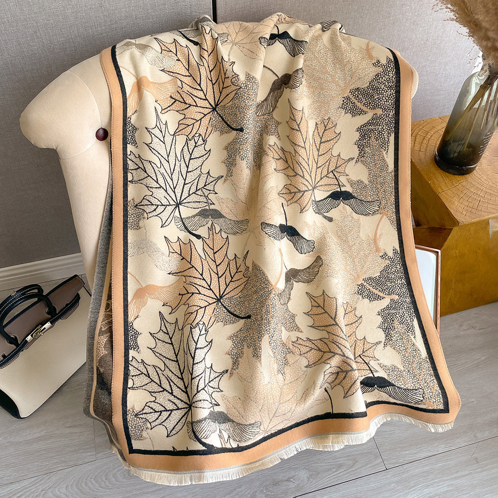 Artificial Cashmere Scarf Women's Elegant New Maple Leaf Printed Shawl