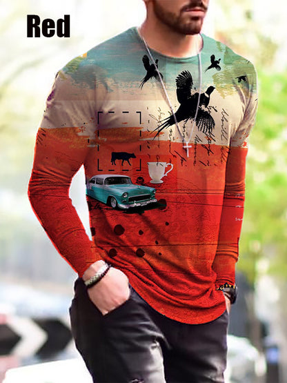 Man wearing a long-sleeve shirt with graphic designs in red, green, and beige.