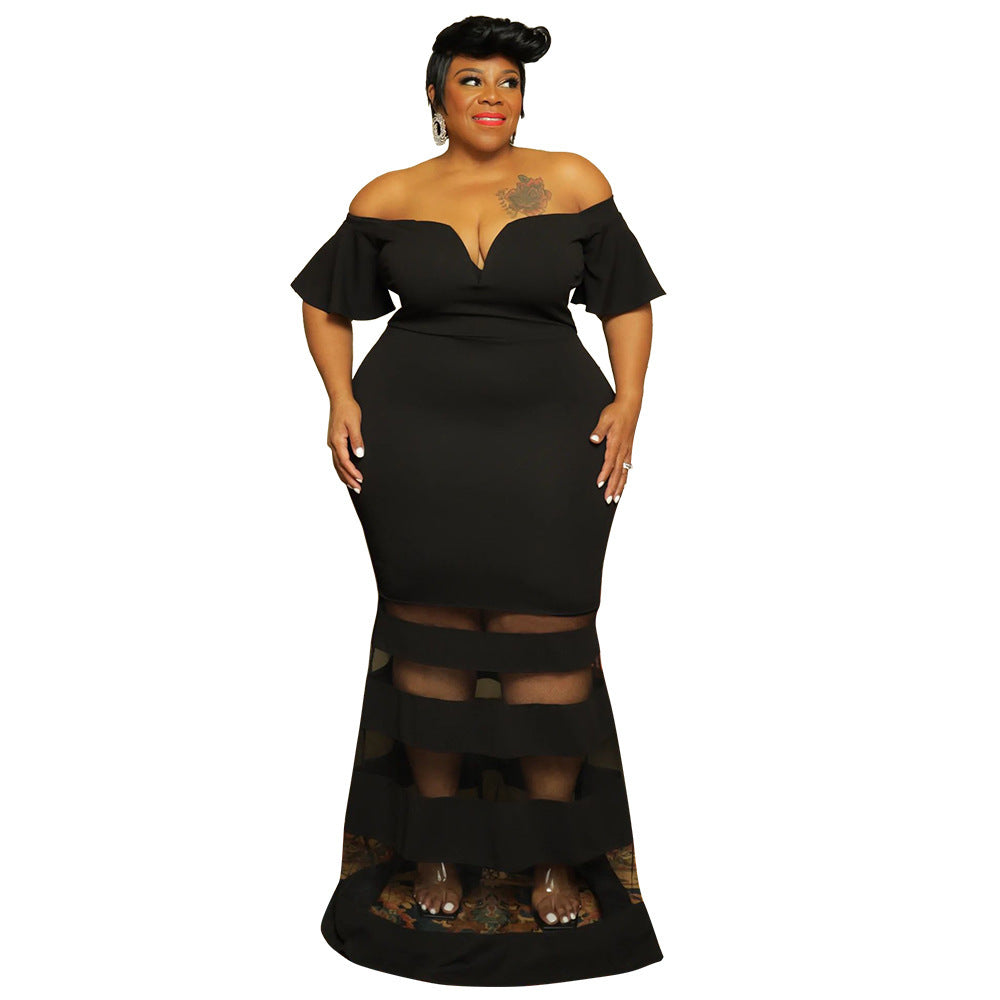 Sheer Charm V-Neck Evening Dress - Plus Size Fashion