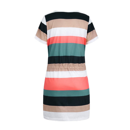 Striped V-Neck Drawstring Summer Dress