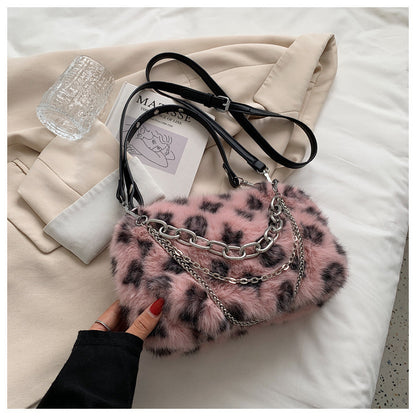Floral Charm Plush Chain Shoulder Bag