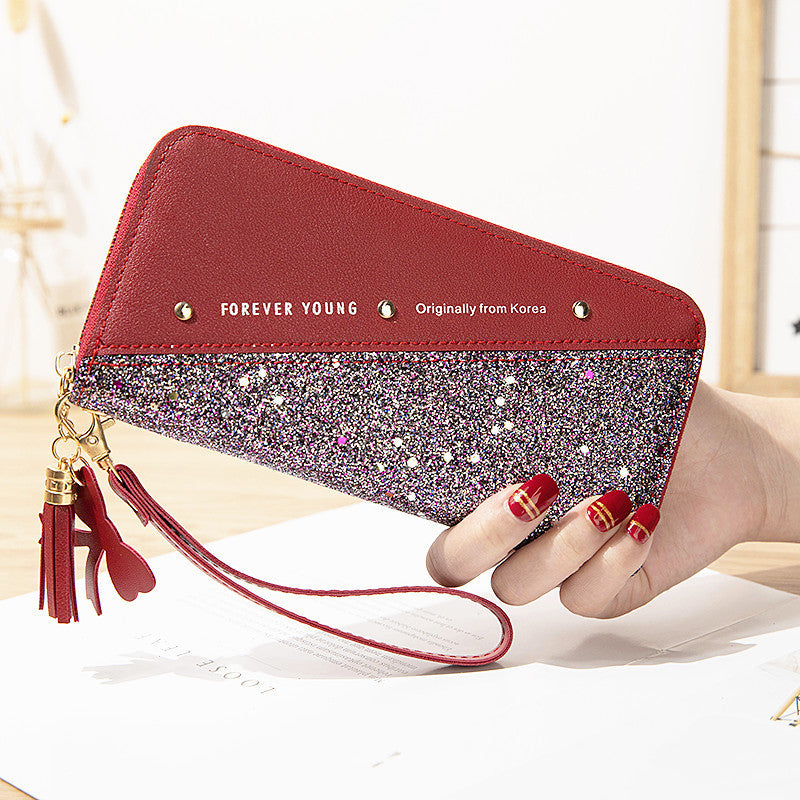 New Style Wallet Long Ladies Zipper Wallet Female Student Korean Version Stitching Contrast Color Tassel Wild Rivet Mobile Phone Bag