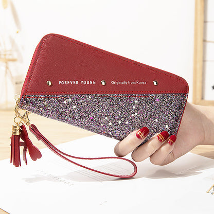 New Style Wallet Long Ladies Zipper Wallet Female Student Korean Version Stitching Contrast Color Tassel Wild Rivet Mobile Phone Bag