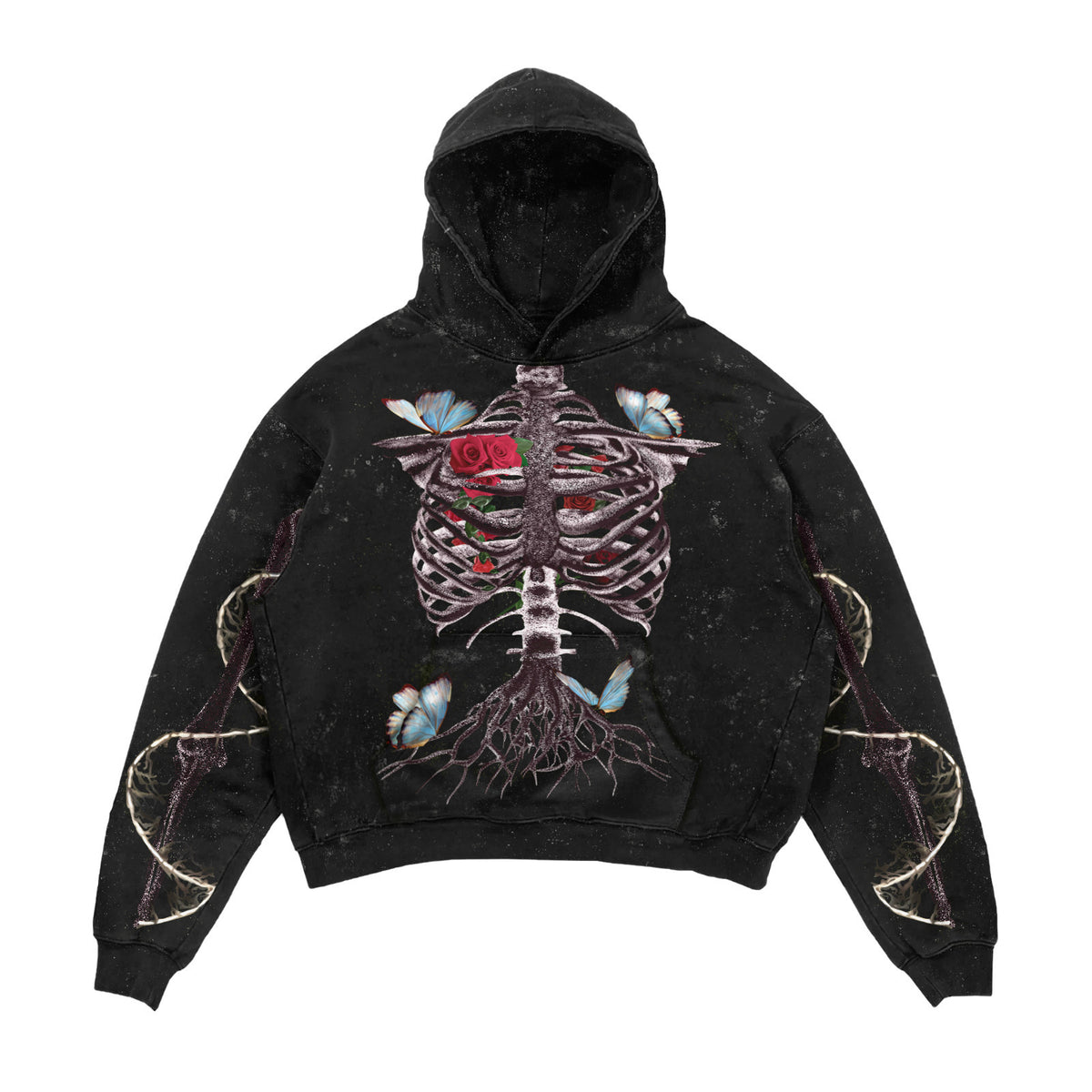 Black hoodie with a skeleton design on a white background
