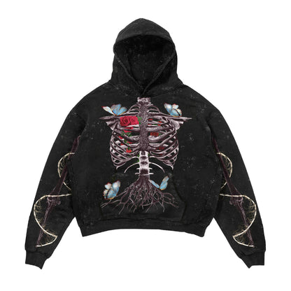 Black hoodie with a skeleton design on a white background