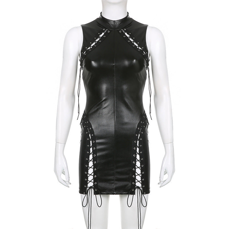 Sleek Charm Stand Collar PU Sheath Dress