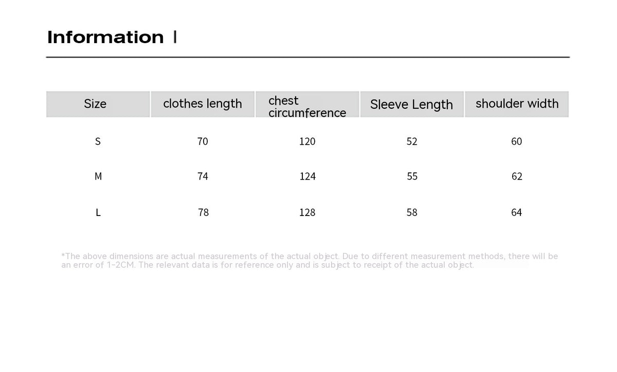 Table displaying clothing measurements for sizes S, M, and L.