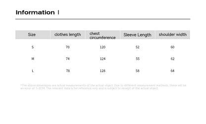 Table displaying clothing measurements for sizes S, M, and L.