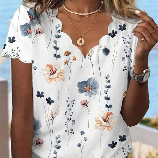 Summer Blossom: Women's Sexy Floral T-shirt with Shell Collar