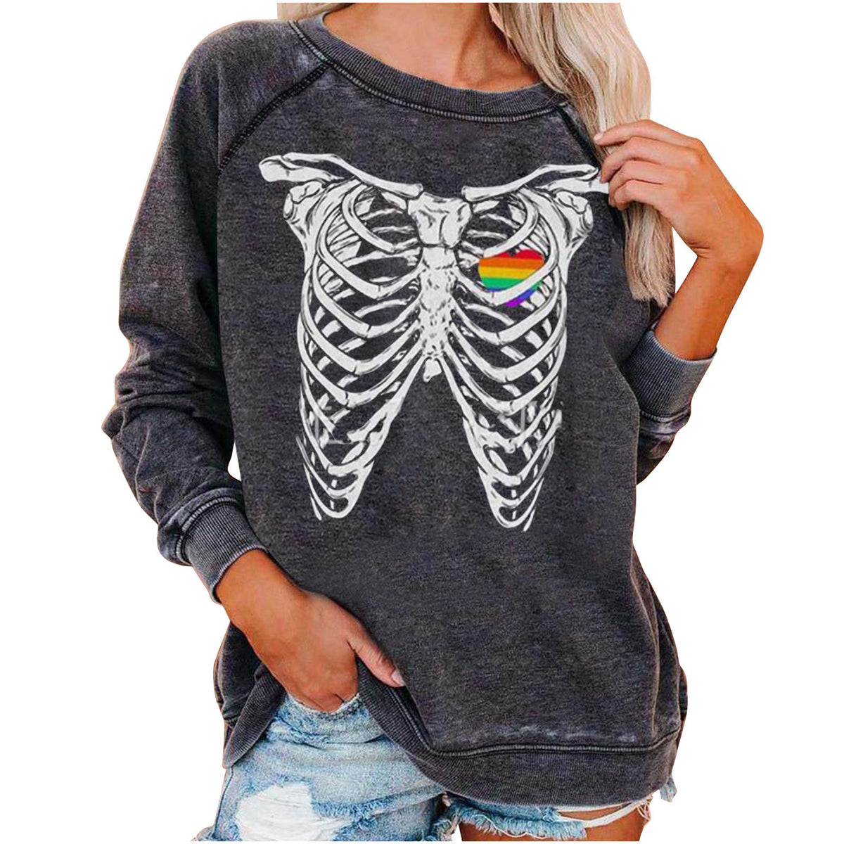 Dark gray sweatshirt with skeleton design and rainbow heart on a white background