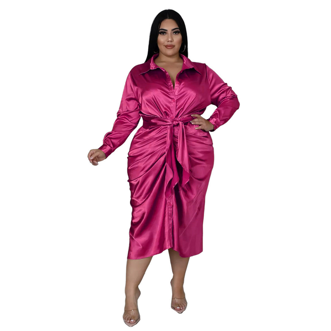 Elegant Reflective Silk Pleated Shirt Dress - Plus Size, Lace-up Design