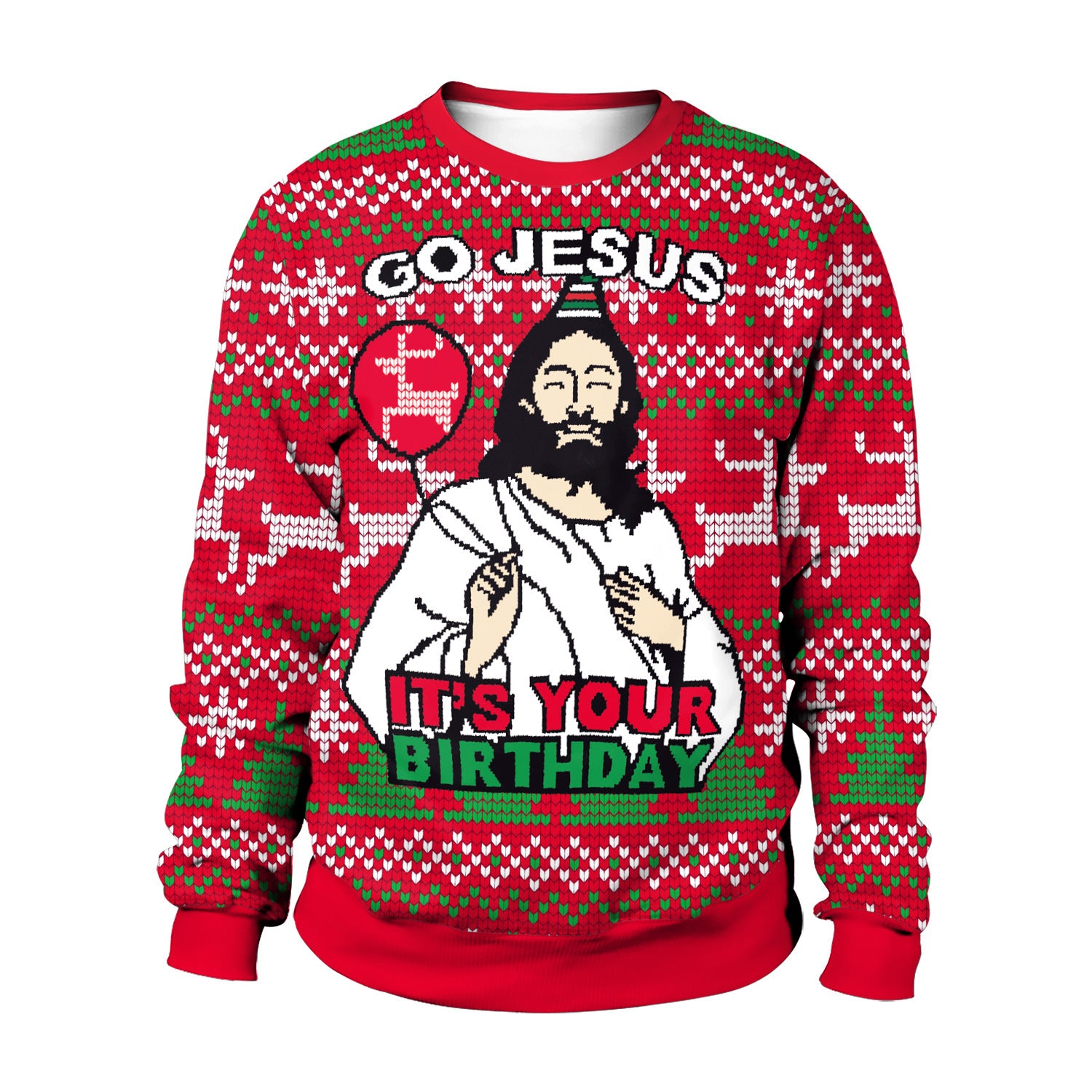 Red sweater with Christmas pattern featuring a graphic of a person and text 'GO JESUS IT'S YOUR BIRTHDAY' on a white background.