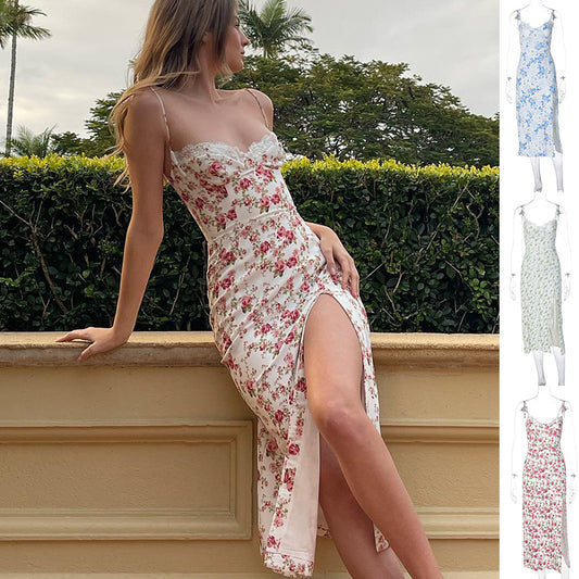 Blooming Lace: Sexy Floral Print Long Suspender Dress for Summer