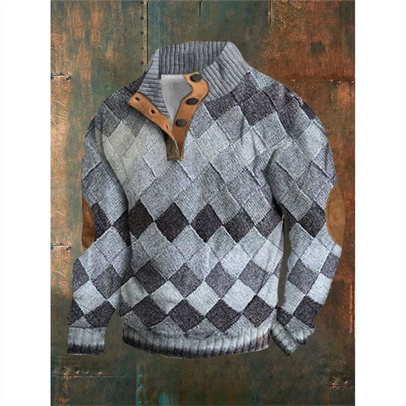 Checkered sweater with wooden buttons on a rustic wooden background