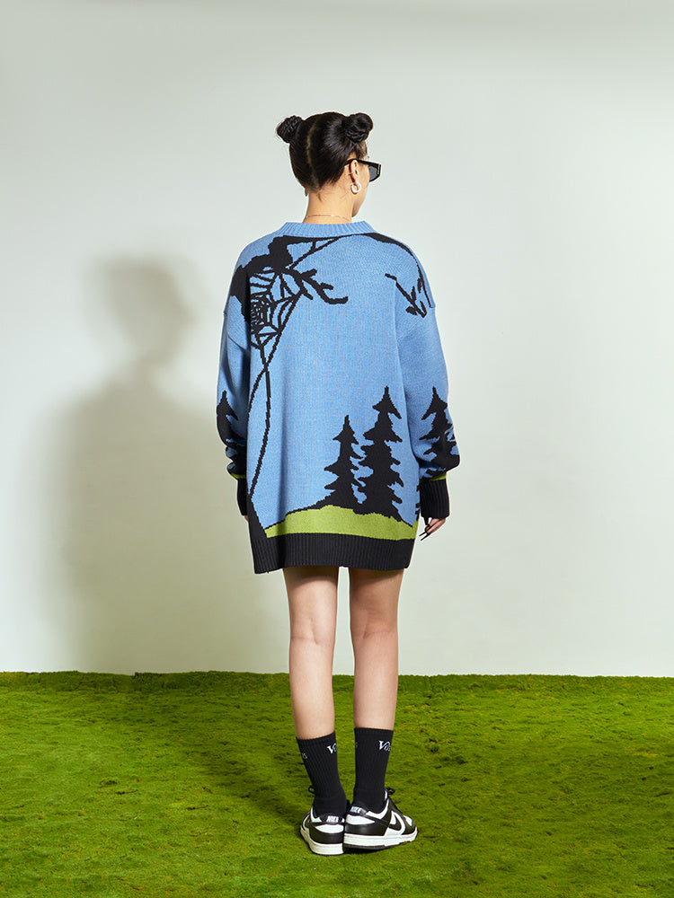 Person wearing a blue sweater with nature design on grass and white wall background