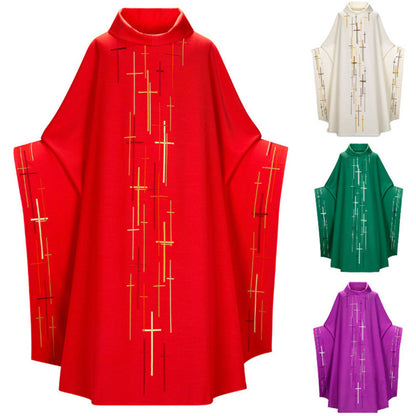 Set of liturgical vestments in red, white, green, and purple with cross patterns on a white background.