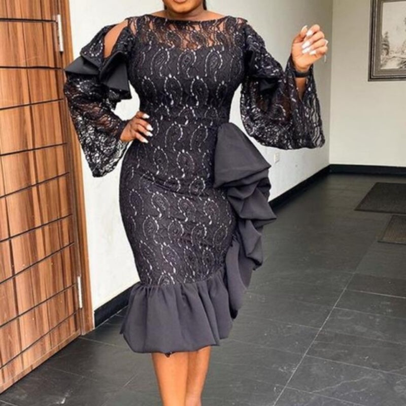 Stylish Black Pullover Dress - Irregular Cut, Lace Detailing, Large Size