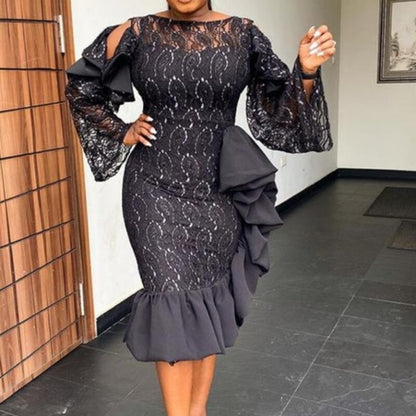 Stylish Black Pullover Dress - Irregular Cut, Lace Detailing, Large Size
