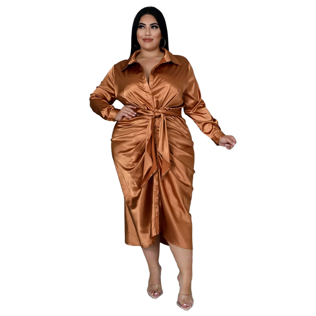 Elegant Reflective Silk Pleated Shirt Dress - Plus Size, Lace-up Design