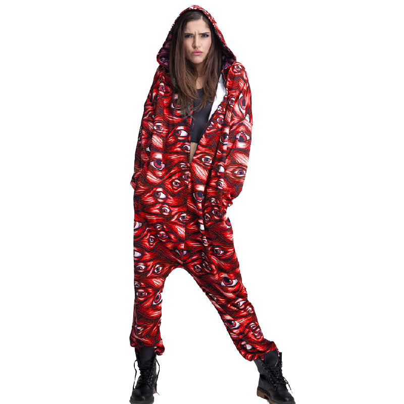 Person wearing a red and black patterned onesie on a white background