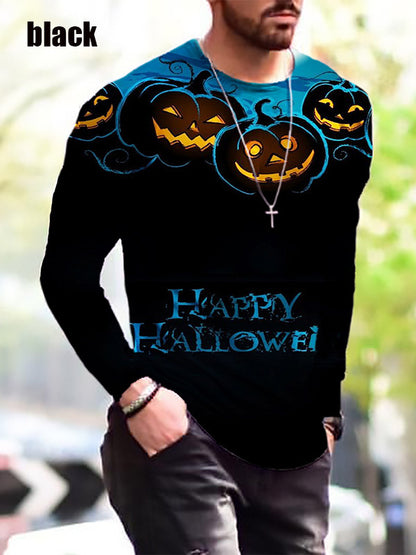Black Halloween-themed sweater with jack-o'-lanterns and 'Happy Halloween!' text worn by a person.