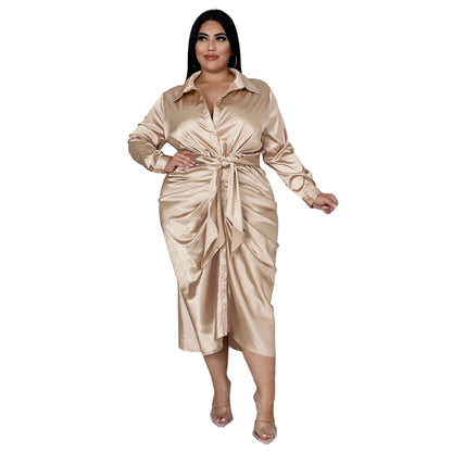 Elegant Reflective Silk Pleated Shirt Dress - Plus Size, Lace-up Design