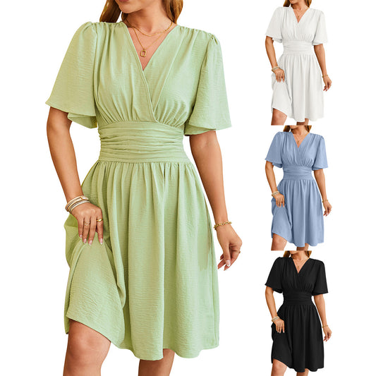 Summer Fashion V-Neck Bell-Sleeved Short Dress: Women's Clothing