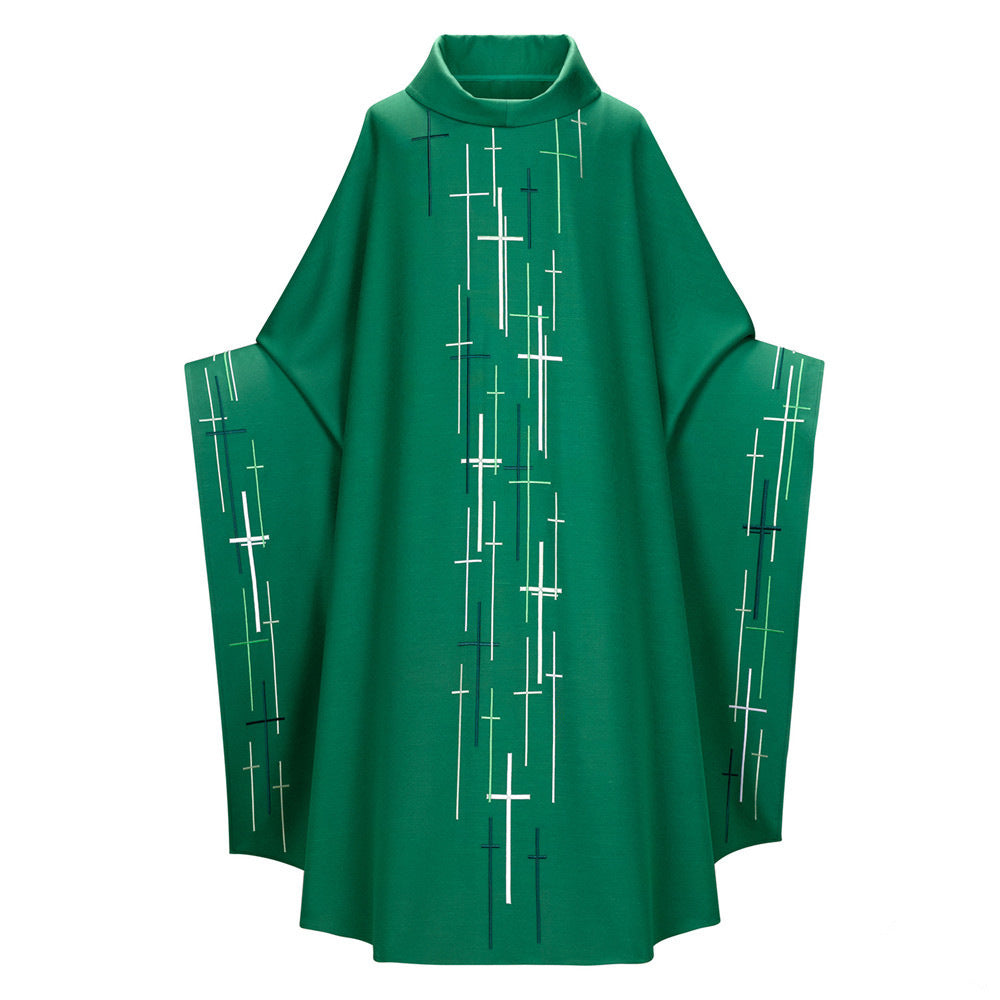 Green garment with white cross patterns on a white background