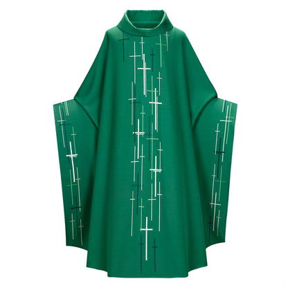 Green garment with white cross patterns on a white background