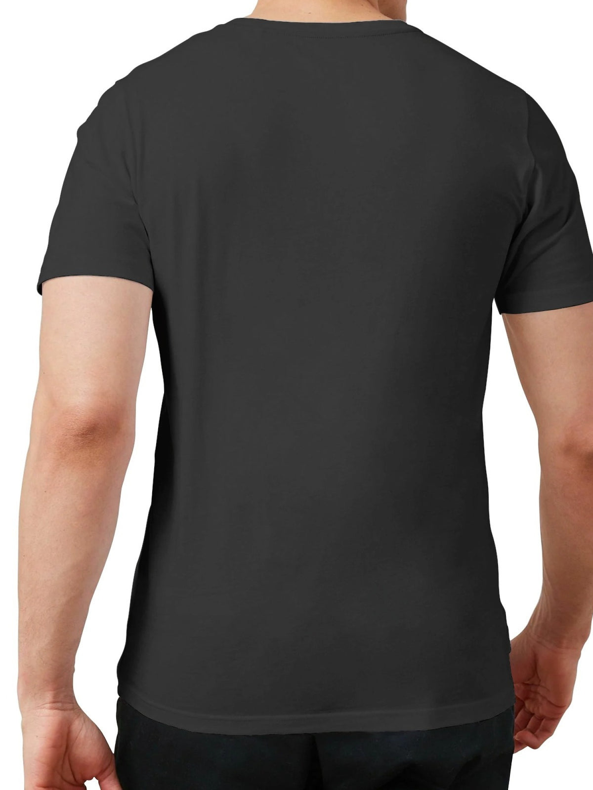 Black t-shirt worn by a person on a white background