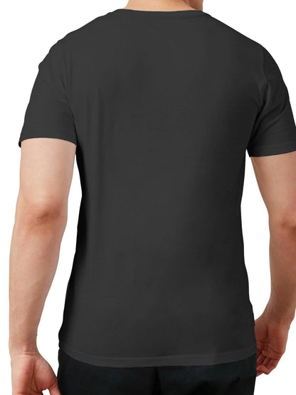 Black t-shirt worn by a person on a white background