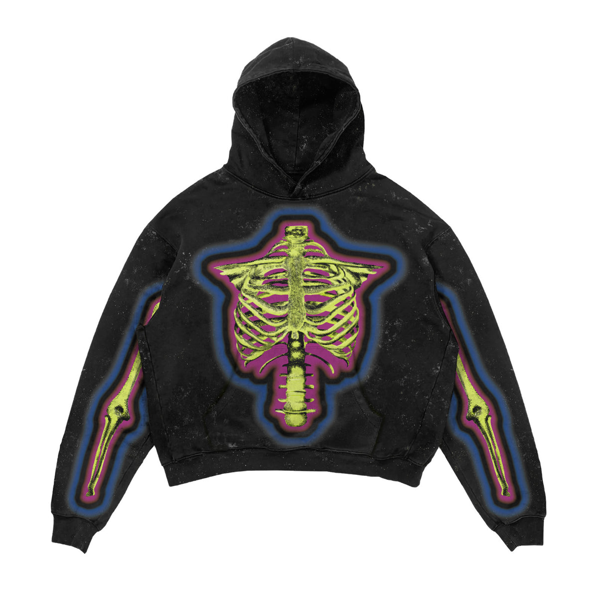 Black hoodie with a colorful skeleton design on a white background