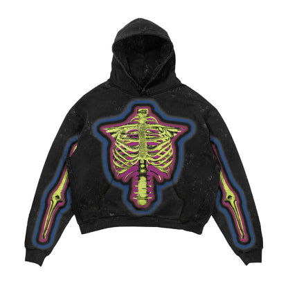 Black hoodie with a colorful skeleton design on a white background