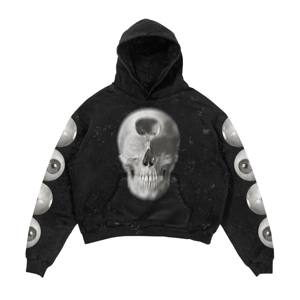 Black hoodie with skull design and eye pattern on sleeves against a white background