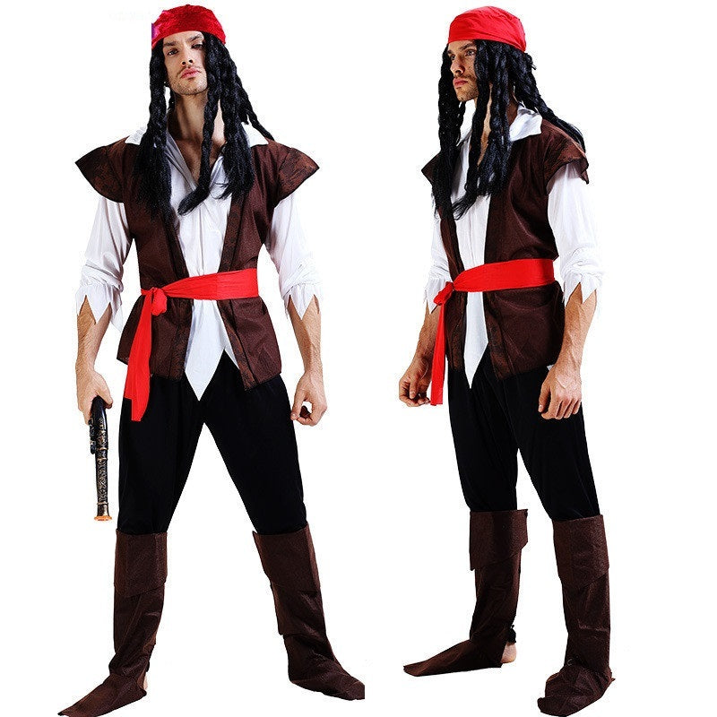 Two pirate costumes with red belts and hats on a white background