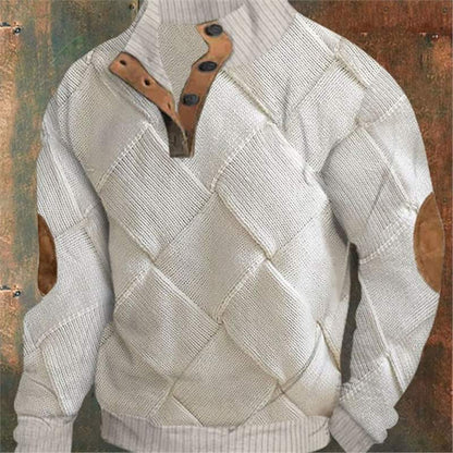 White textured sweater with brown leather accents on a textured background
