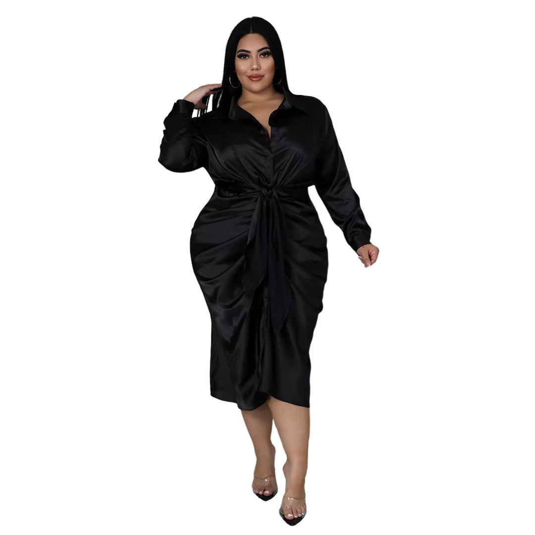 Elegant Reflective Silk Pleated Shirt Dress - Plus Size, Lace-up Design