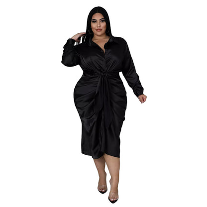 Elegant Reflective Silk Pleated Shirt Dress - Plus Size, Lace-up Design