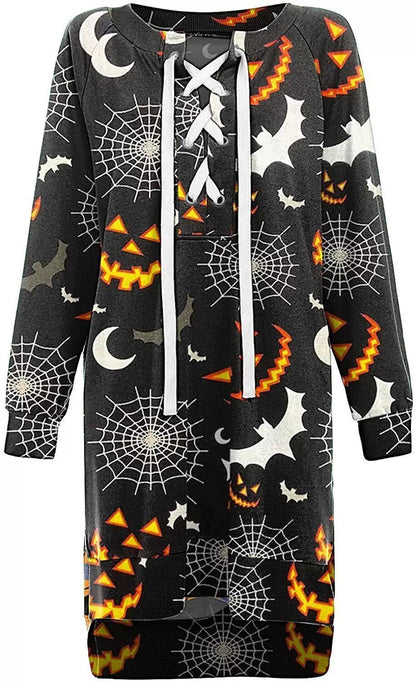 Halloween-themed zip-up hoodie with pumpkins, ghosts, and webs on a black background.