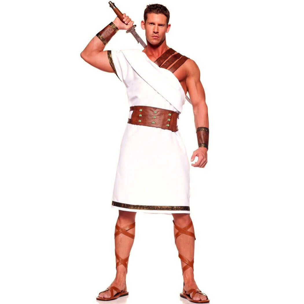 Person wearing a Roman toga costume with a sword on a white background