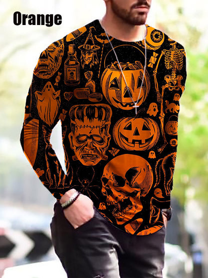 Person wearing a Halloween-themed sweatshirt with pumpkins, ghosts, and skeletons.