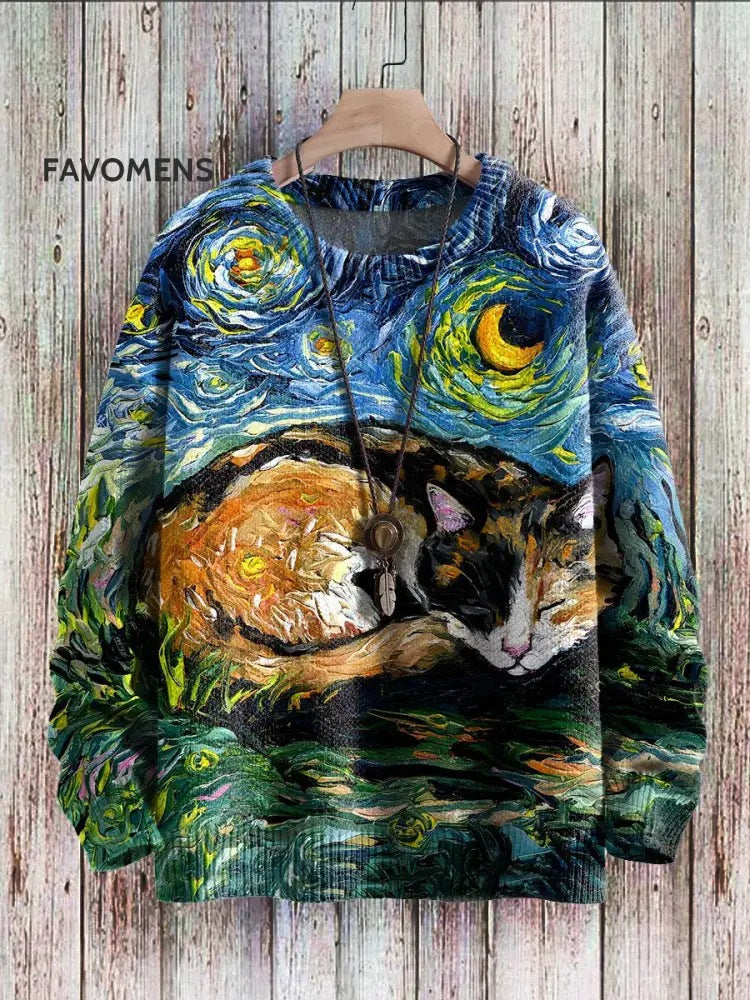 Sweatshirt with a design of a cat lying down, inspired by 'Starry Night', on a wooden background.