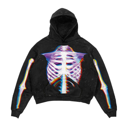 Black hoodie with a colorful skeleton design on a white background