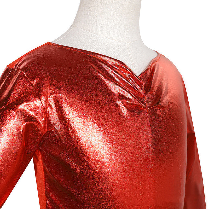 Shiny red dress on a mannequin with a white background
