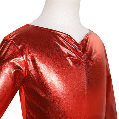 Shiny red dress on a mannequin with a white background