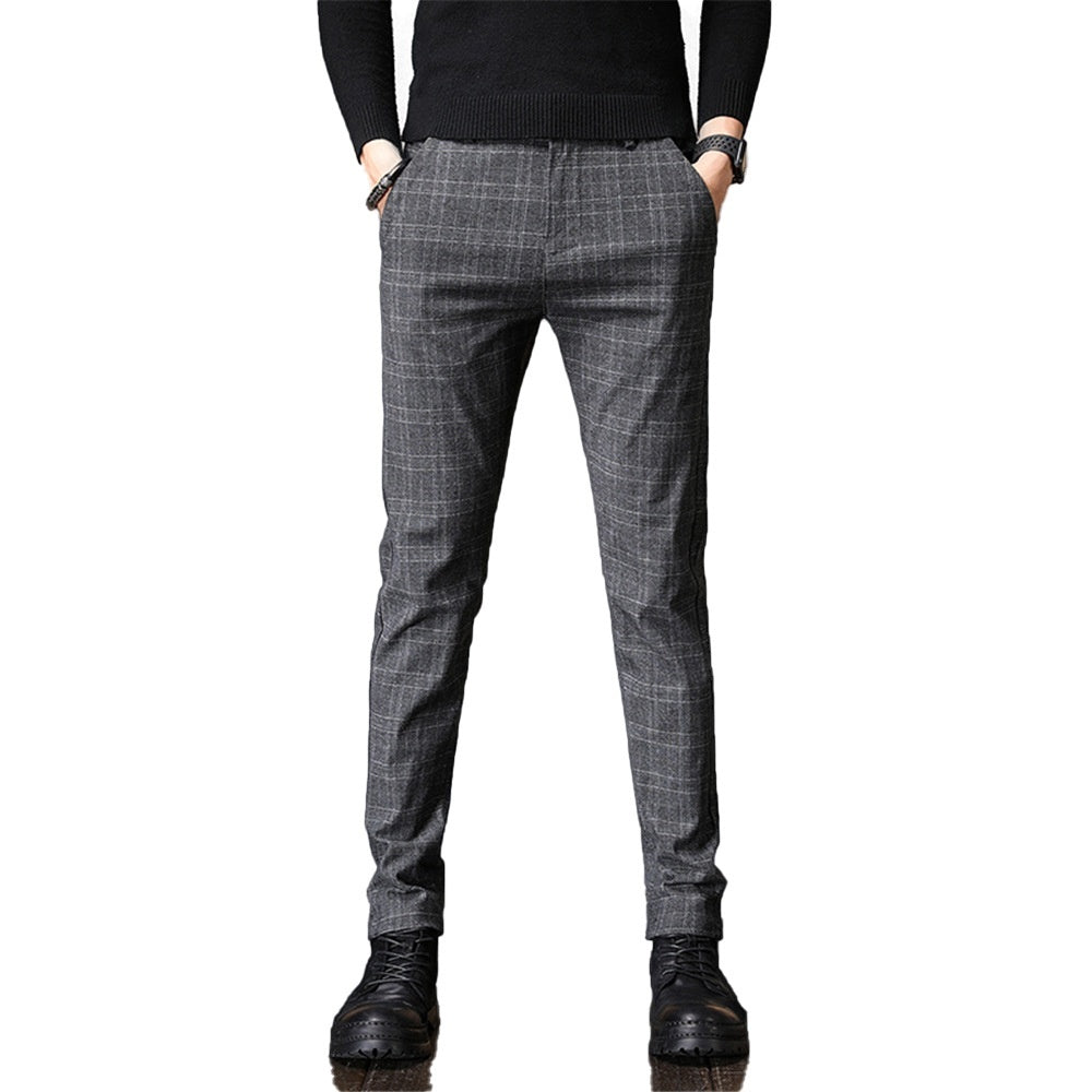 Korean Winter Plaid Brushed Slim Fit Casual Pants