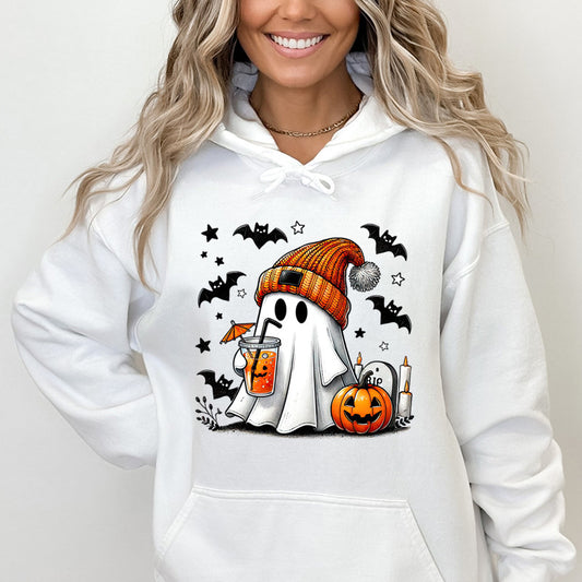 White hoodie with Halloween-themed design featuring a ghost, pumpkin, and bats on a plain background.
