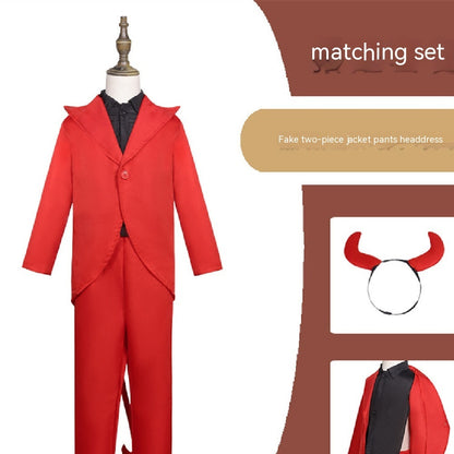 Red two-piece jacket and pants set on a mannequin with additional accessories displayed.