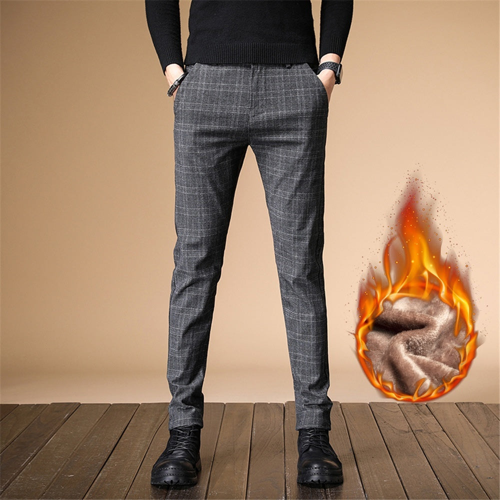 Korean Winter Plaid Brushed Slim Fit Casual Pants